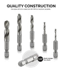 Stubby Drill Bit Set For Metal, Five Piece One Quarter Inch Quick Change Hex Shank, M2 High Speed Steel, shown with sizes
