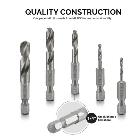 Stubby Drill Bit Set For Metal, Five Piece One Quarter Inch Quick Change Hex Shank, M2 High Speed Steel, shown with sizes