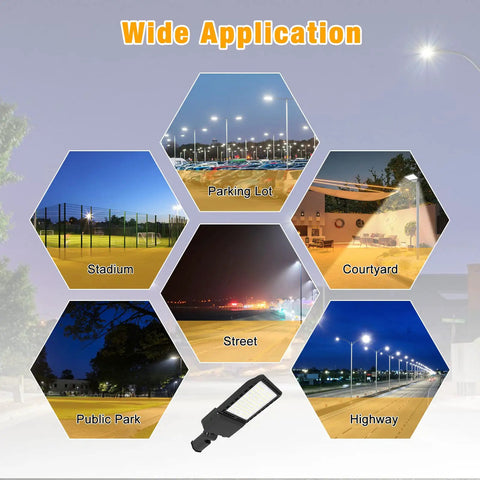 Wide application of Powerful 200W LED Shoebox Parking Lot Light With 28,000 Lumens, showing usage in various outdoor settings.