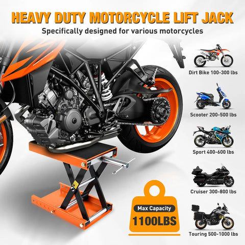 Beefy 1100Lb Motorcycle Lift Jack With Wide Deck And Safety Pin lifting a motorcycle, heavy duty scissor lift, orange, 1100lbs capacity