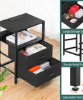 Nightstand with Charging Station and LED Light Fabric Drawers and Storage Shelf Bedside Table with USB Ports and Outlets