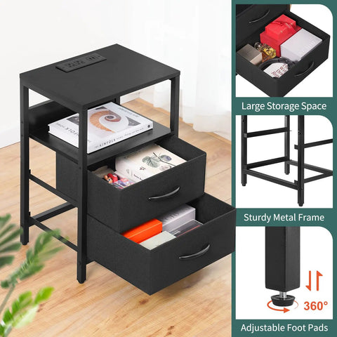 Nightstand with Charging Station and LED Light Fabric Drawers and Storage Shelf Bedside Table with USB Ports and Outlets
