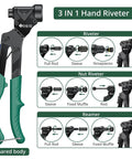 3 In 1 Do It All Rivet Nut Tool Kit With Swivel Head For Metal And Auto Sheet Metal DIY Repairs Includes 4 Mandrels 4 Rivet Heads And 2 Reaming Mandrels Heavy Duty Pop Rivet Gun with instructions diagram