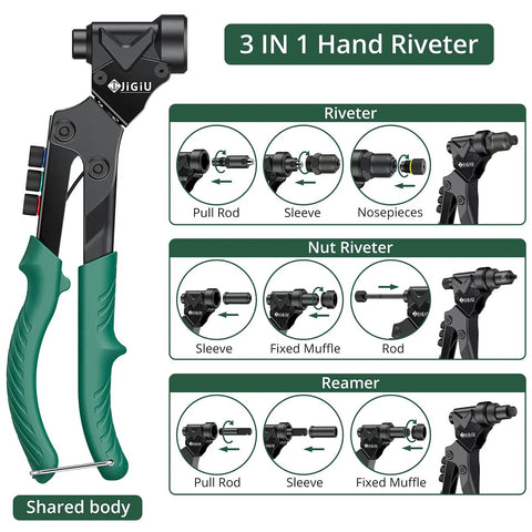 3 In 1 Do It All Rivet Nut Tool Kit With Swivel Head For Metal And Auto Sheet Metal DIY Repairs Includes 4 Mandrels 4 Rivet Heads And 2 Reaming Mandrels Heavy Duty Pop Rivet Gun with instructions diagram