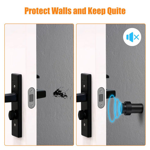 Heavy Duty Cylindrical Black Rubber Door Stops That Grip Tight And Shield Walls From Nasty Scuffs While Saving Floor Space And Looking Pretty Slick For Any Home Or Shop Setup Plus You Score Two Sturdy Bumpers, shown in door guard action.