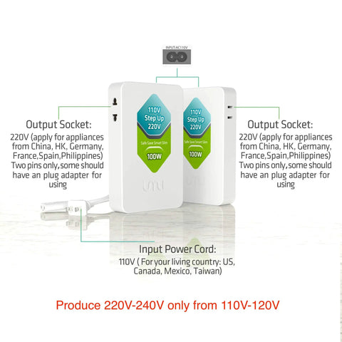 100W 110V To 220V Step Up Voltage Converter for Europe & Asia Appliances, compact design with dual outlets and labels