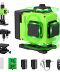 Super Handy Pro DIY 360 Degree Laser Level Self Leveling with four green beams, remote control, two batteries, and accessories