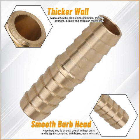 Brass Hose Barb Fittings Kit With 32 Pieces And 46 Pipe Clamps For Water Fuel And Air Lines Splicer Mender Set In Three Sixteenths Inch One Quarter Inch Five Sixteenths Inch Three Eighths Inch And One Half Inch Sizes Heavy Duty featuring a single brass barb and details on thickness and smoothness.