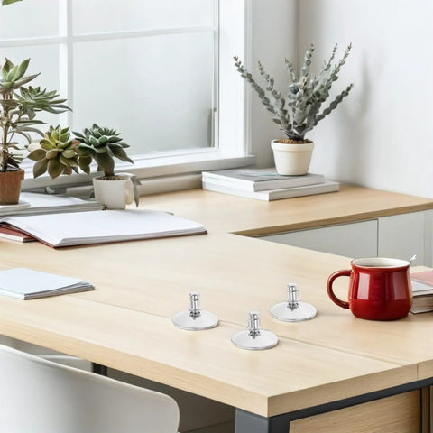 Heavy Duty Adjustable Furniture Levelers With 12 Piece Wobble Free Swivel Base For Tables Cabinets And Chairs Noise Reducing Plastic Metal Feet No Skid Tight Setup on a desk with plants.