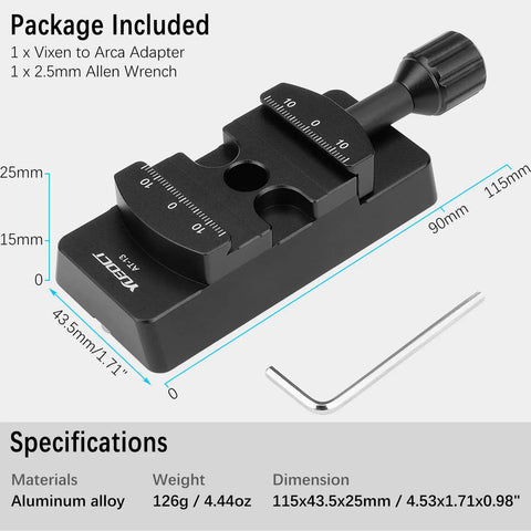 Dovetail Adapter Plate With Clamp For Vixen Style Saddles, Arca Swiss Compatible Mount Base, aluminum, dimensions shown