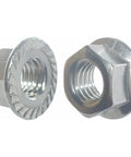 Premium 3/8-16 Zinc Plated Serrated Flange Hex Lock Nuts Heavy Duty Corrosion Resistant Wrench Drive shown from two angles.