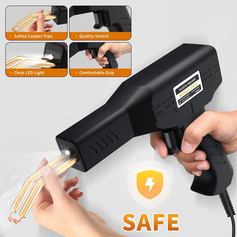 Plastic Welder Kit With 1200 Staples For DIYers - Instant On Off 100W Heat, shown with copper pipe safety feature and LED light