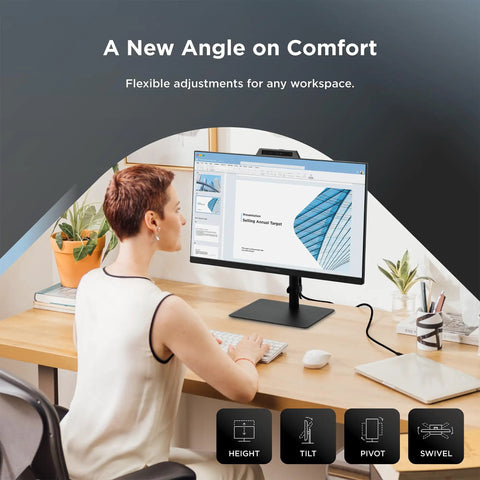 24 Inch IPS Webcam Monitor With 1080P Picture Built In Microphone And 5MP Privacy Camera Windows Hello Facial Recognition 120Hz Refresh Crystal Clear Video Calls Front Speakers USB C HDMI DisplayPort Ideal For Remote Work And Conferencing shown on desk setup with adjustable stand.