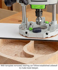Pro Grade 3 Piece Bowl And Tray Router Bit Set With Half Inch Shank Solid Carbide Heads Three Fluted Design For Sharp Woodworking Curves Built Like A Tank In Usa, router bit in action under template on crafted wood.