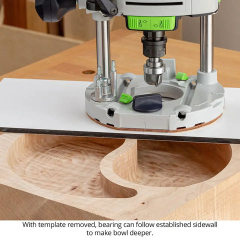 Pro Grade 3 Piece Bowl And Tray Router Bit Set With Half Inch Shank Solid Carbide Heads Three Fluted Design For Sharp Woodworking Curves Built Like A Tank In Usa, router bit in action under template on crafted wood.