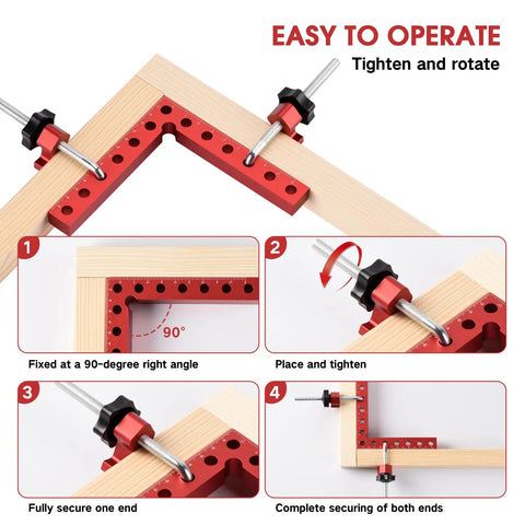 Four Pack 5.5 Inch Aluminum Alloy Right Angle Corner Clamp Set For Woodworking installed, showing 90-degree positioning.