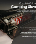 Close-up of 10,000 BTU Dual Fuel Camp Stove for Butane and Propane showing butane canister and adjustable heat control knob.