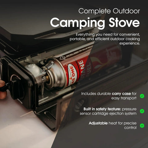 Close-up of 10,000 BTU Dual Fuel Camp Stove for Butane and Propane showing butane canister and adjustable heat control knob.