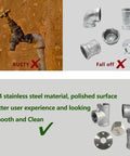 Comparison of rusty tap with 304 stainless steel plumbing fittings, highlighting durability of Stainless Steel Floor Flange 1/2 Inch, Set Of 2.