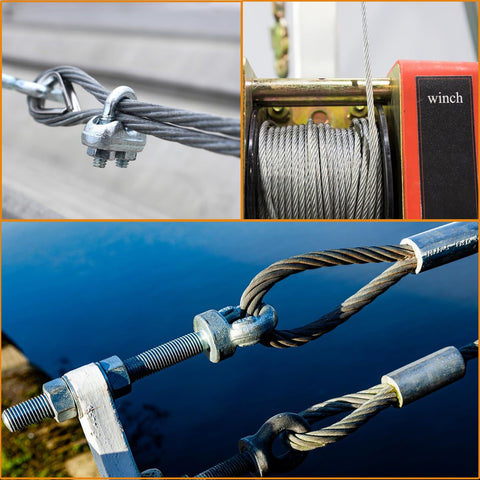 Half Inch Steel Cable Kit 10Ft 7x19 Aircraft Wire Rope With Loops, 23000 Lbs Breaking Strength in use with clamps and winch
