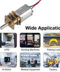 Mini Micro N20 Gear Motor DC 3V-6V with full metal gearbox, 3mm D-type shaft, showcased in various applications like ATM, vending machines, and robots.