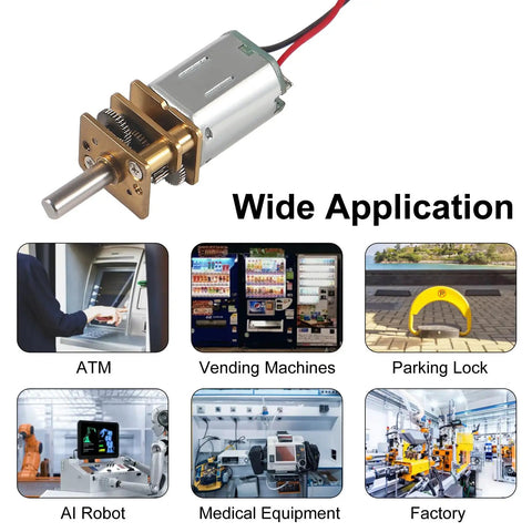 Mini Micro N20 Gear Motor DC 3V-6V with full metal gearbox, 3mm D-type shaft, showcased in various applications like ATM, vending machines, and robots.