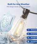 100 Ft LED Outdoor String Lights With Remote Control showing waterproof shatterproof ST38 bulb and weatherproof design