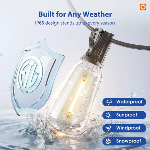 100 Ft LED Outdoor String Lights With Remote Control showing waterproof shatterproof ST38 bulb and weatherproof design