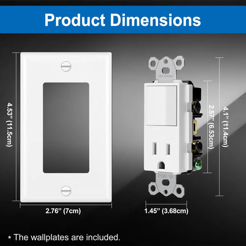 Two Pack Combination Wall Switch And Decor Outlet With Single Pole Rocker Switch, 15A/120V And 15A/125V Receptacle, dimensions shown
