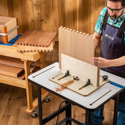 Person using Box Joint Router Jig With Precision Indexing For Router Table, Smooth Glide Sled, and Durable Table Saw Jigs.