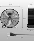 Built Tough 24 Inch High Velocity Drum Fan With 9500 CFM Airflow, Industrial Metal Floor Fan dimensions and plug visible