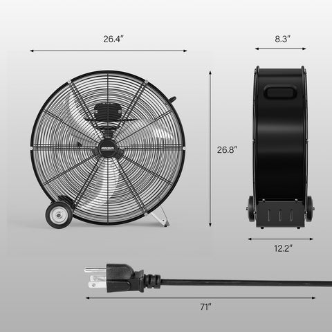 Built Tough 24 Inch High Velocity Drum Fan With 9500 CFM Airflow, Industrial Metal Floor Fan dimensions and plug visible