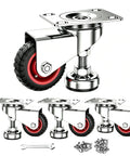 Heavy Duty 4 Inch Leveling Plate Caster Wheels Silent Double Ball Bearing Silky Smooth Roll Floor Saver Built Tough Heavy Lifting Workhorse Handles 1800 Lbs Capacity set with rubber tires and aluminum bases.