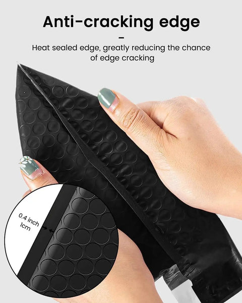 Close-up of hands holding Black Bubble Mailers 4x8 Inches, 50 Pack, 4x7 Internal Size Padded Envelopes, showing anti-cracking edge detail.