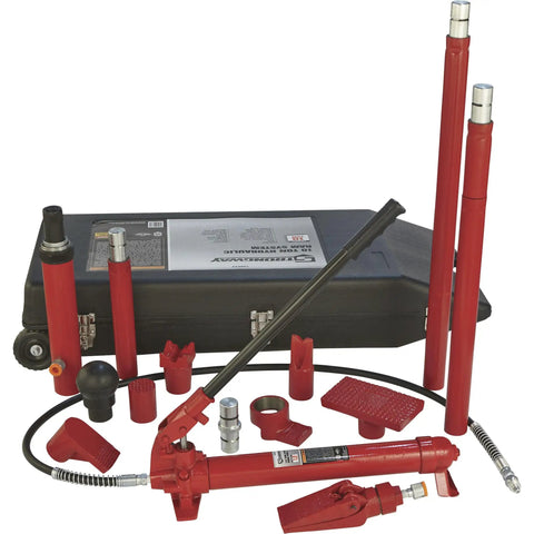 Heavy Duty 10 Ton Hydraulic Portable Ram Kit For Auto Body Repair And Frame Work 16 Piece Set with red tools and case