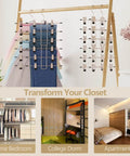Heavy Duty Metal Pants Hangers With Clips, Hella Space Saving Six Tier Skirt Rack, showing clips with clothes in a stylish closet.