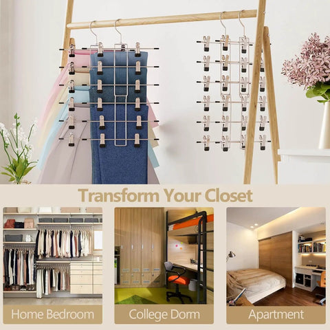 Heavy Duty Metal Pants Hangers With Clips, Hella Space Saving Six Tier Skirt Rack, showing clips with clothes in a stylish closet.