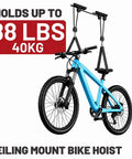 2 Pack Bike Ceiling Hoist Storage System for Garage Weight Lifting Gear 88 Pounds Capacity Heavy Duty Steel Pulley Rack Organizer with blue mountain bike.