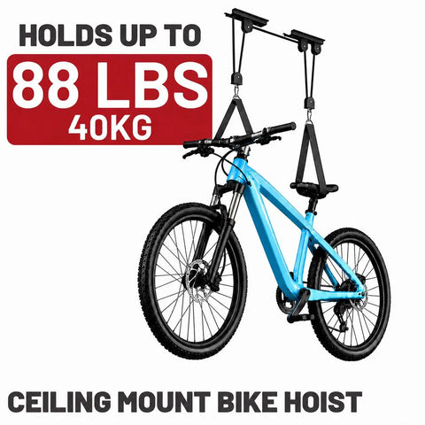 2 Pack Bike Ceiling Hoist Storage System for Garage Weight Lifting Gear 88 Pounds Capacity Heavy Duty Steel Pulley Rack Organizer with blue mountain bike.