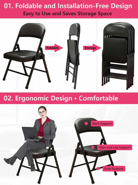 Comfy Folding Chair With Padded Cushion And Sturdy Black Steel Frame, Portable, No Assembly, And Stackable For Indoor And Outdoor Use