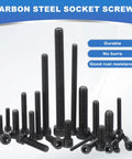 Heavy Duty M5 X 60mm Hex Socket Head Cap Screws With Hex Key Wrench Black Oxide Carbon Steel Fasteners For Auto Restoration And Workshop Builds Rock Solid Hold 20 Piece Set displayed in various sizes.