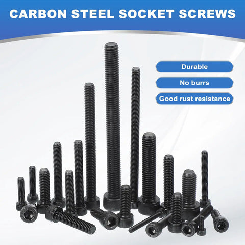 Heavy Duty M5 X 60mm Hex Socket Head Cap Screws With Hex Key Wrench Black Oxide Carbon Steel Fasteners For Auto Restoration And Workshop Builds Rock Solid Hold 20 Piece Set displayed in various sizes.