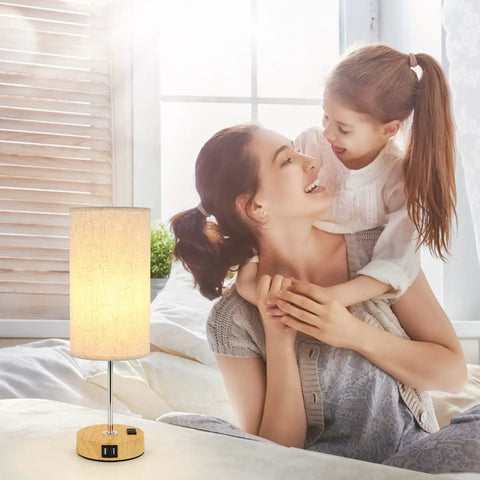Touch Bedside Table Lamp With USB Port And AC Outlet 3 Way Dimmable Nightstand Lamp With Wood Base And Round Flaxen Fabric Shade
