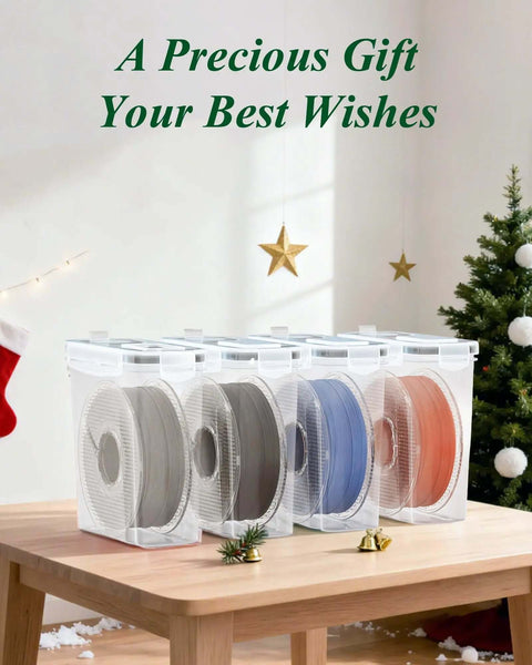 Six Pack Filament Storage Boxes For 3D Printing Sealing And Protection on a wooden table with holiday decor