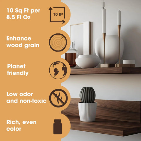 Superior Water Based Walnut Wood Stain Ultra Fast Drying Low Odor Plus Non Toxic Formula For Indoor Outdoor Furniture Renovation Dead Simple Application Mess Free Finish on wooden shelves with decor.