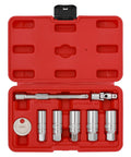 Three Eighth Inch Drive Spark Plug Socket Set With Extension Bar Six Point Universal Joint And Spark Plug Gapper Eight Piece Beefy Heavy Duty Chrome Vanadium Steel With Laser Etched Sizes, red case open with sockets