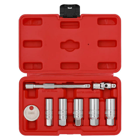 Three Eighth Inch Drive Spark Plug Socket Set With Extension Bar Six Point Universal Joint And Spark Plug Gapper Eight Piece Beefy Heavy Duty Chrome Vanadium Steel With Laser Etched Sizes, red case open with sockets
