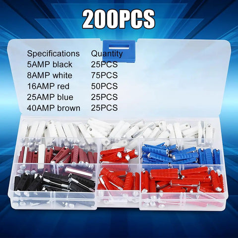 200 Piece Automotive Torpedo Fuse Kit With 5A Through 40A Amp Assortment showing assorted fuses in plastic organizer for quick installation.