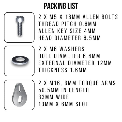 Packing list showing components of Heavy Duty E Bike Torque Arm Set Universal M16 For 3000W 5000W Motors 6mm Thick Stainless Steel.