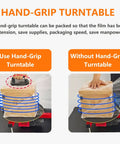 Heavy Duty Electric Pallet Stretch Film Dispenser Shrink Wrap Holder With Auxiliary Turntable demonstrating hand-grip turntable use.